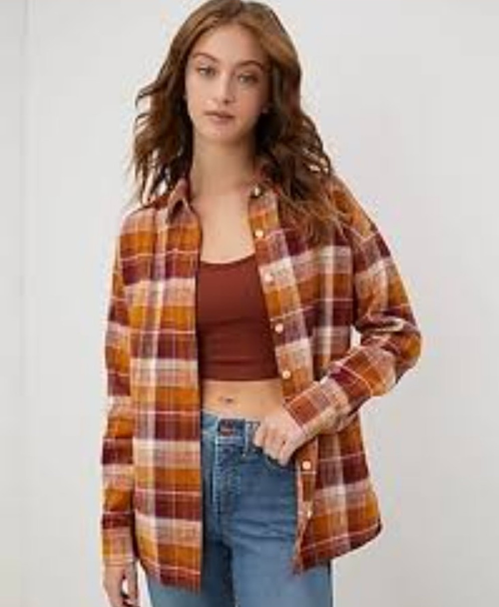 UpWest EcoHemp Brushed Flannel Womens S Button Down Shirt Pockets Shacket Plaid